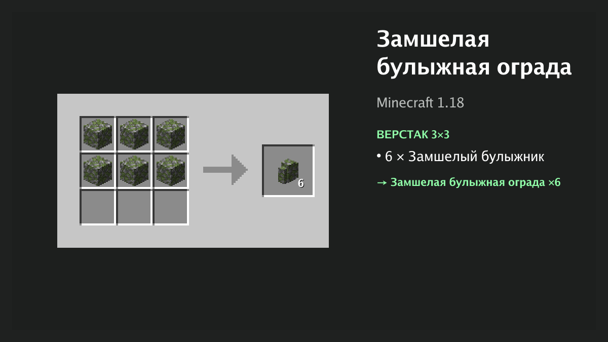 Рецепт: замшелая булыжная ограда в Minecraft — 6 × замшелый булыжник (верстак 3×3)