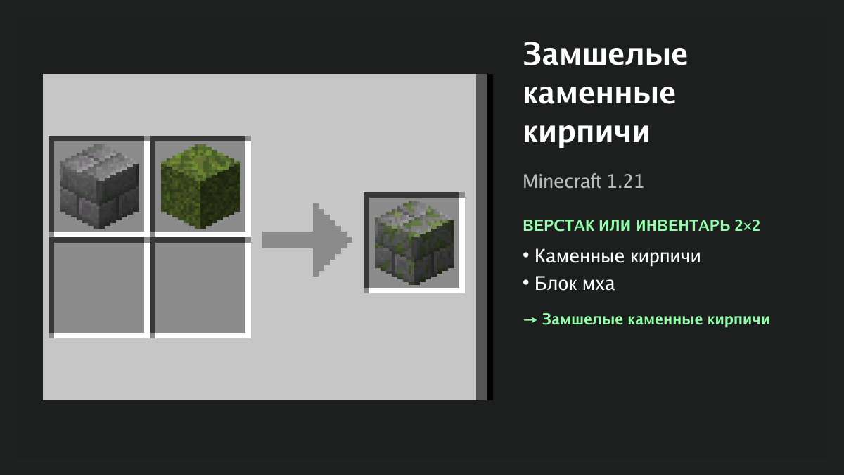 Рецепт: замшелые каменные кирпичи в Minecraft — каменные кирпичи, блок мха (верстак или инвентарь 2×2)