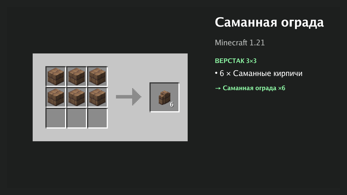 Рецепт: саманная ограда в Minecraft — 6 × саманные кирпичи (верстак 3×3)