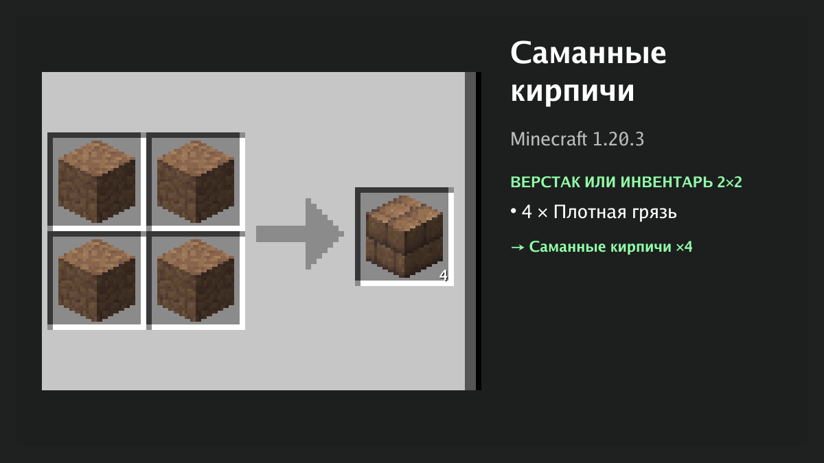 Рецепт: саманные кирпичи в Minecraft — 4 × плотная грязь (верстак или инвентарь 2×2)