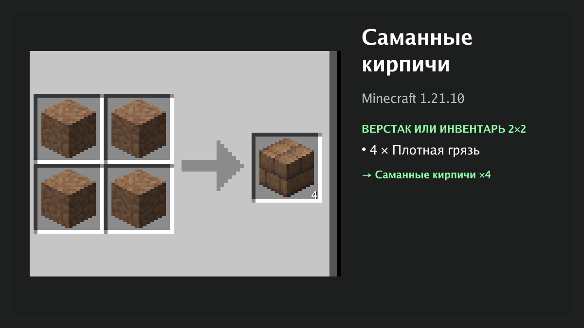 Рецепт: саманные кирпичи в Minecraft — 4 × плотная грязь (верстак или инвентарь 2×2)