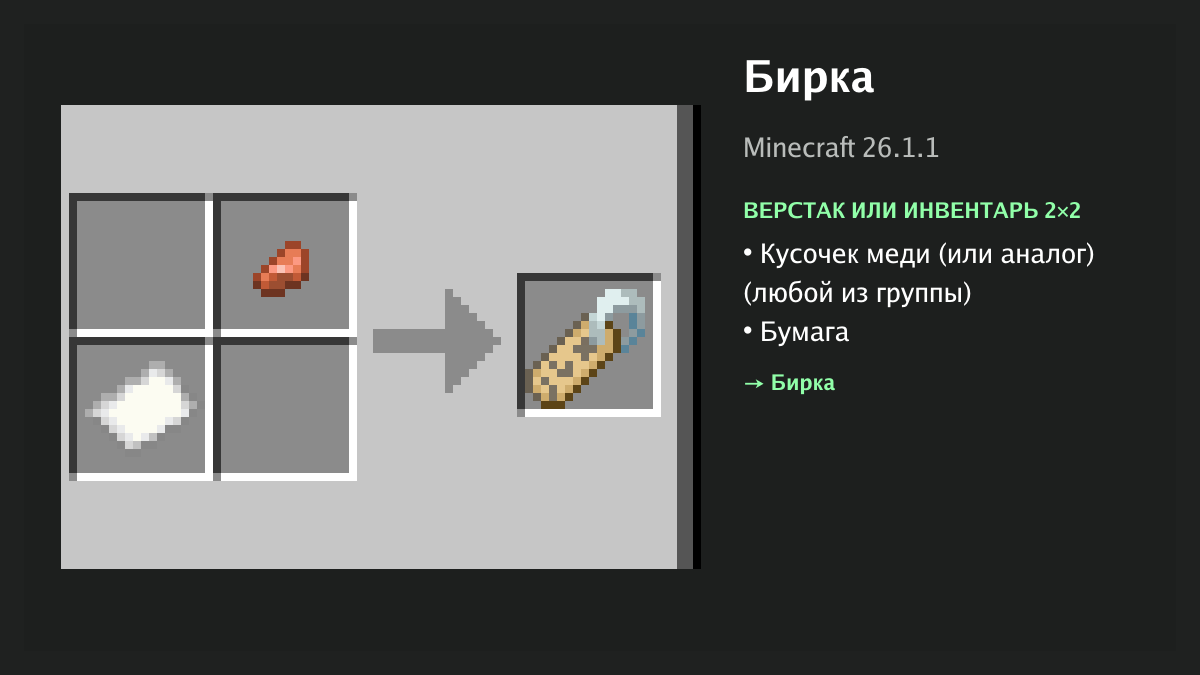 Рецепт: бирка в Minecraft — кусочек меди (или аналог), бумага (верстак или инвентарь 2×2)