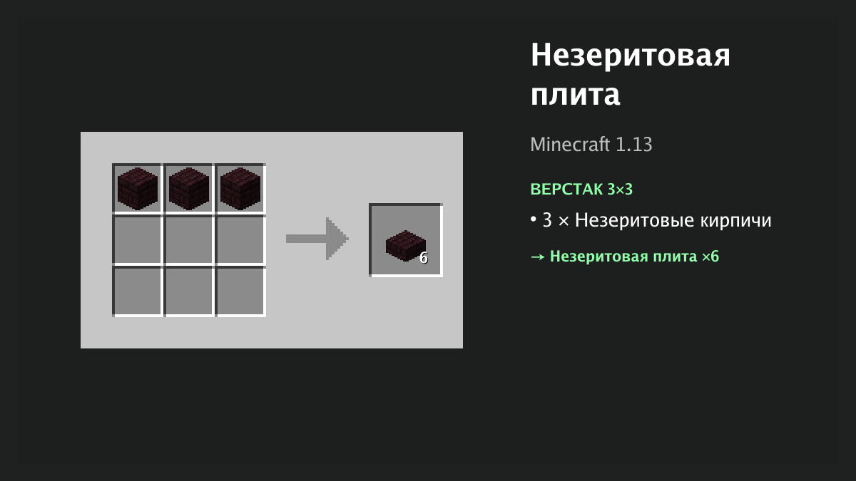 Рецепт: незеритовая плита в Minecraft — 3 × незеритовые кирпичи (верстак 3×3)