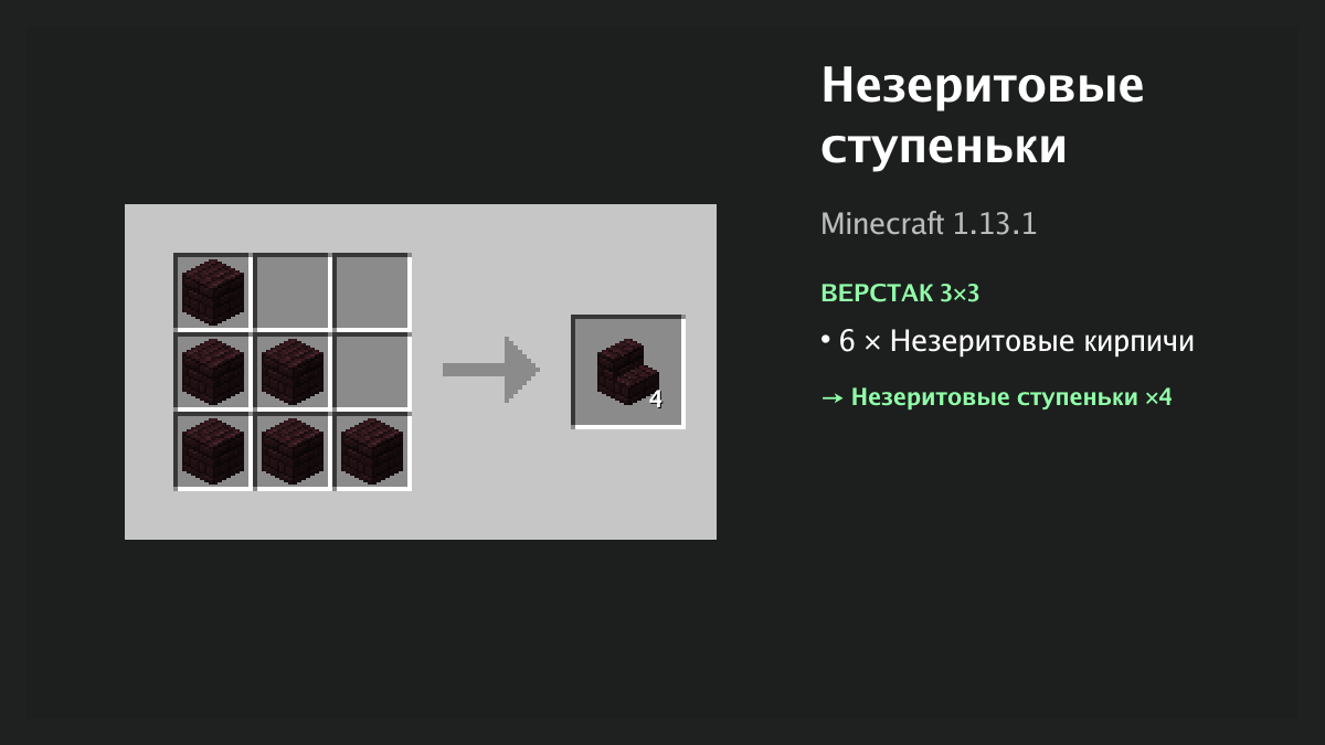 Рецепт: незеритовые ступеньки в Minecraft — 6 × незеритовые кирпичи (верстак 3×3)