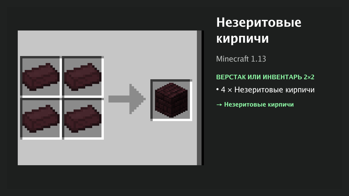 Рецепт: незеритовые кирпичи в Minecraft — 4 × незеритовые кирпичи (верстак или инвентарь 2×2)