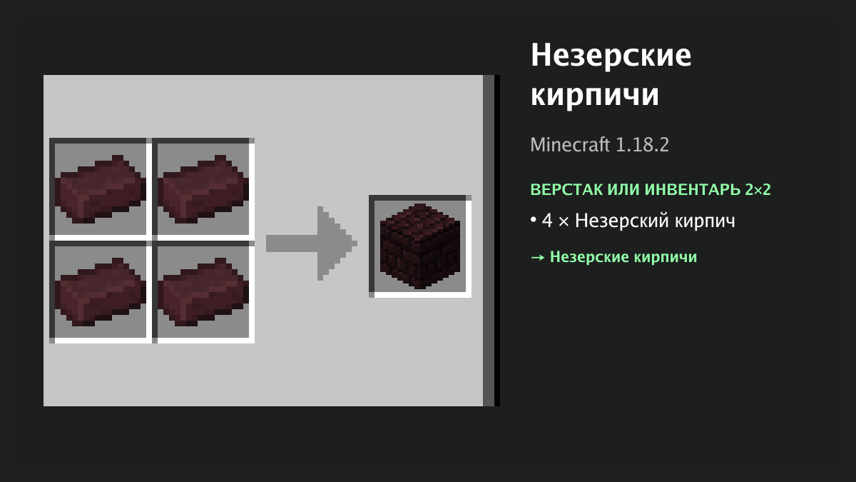 Рецепт: незерские кирпичи в Minecraft — 4 × незерский кирпич (верстак или инвентарь 2×2)