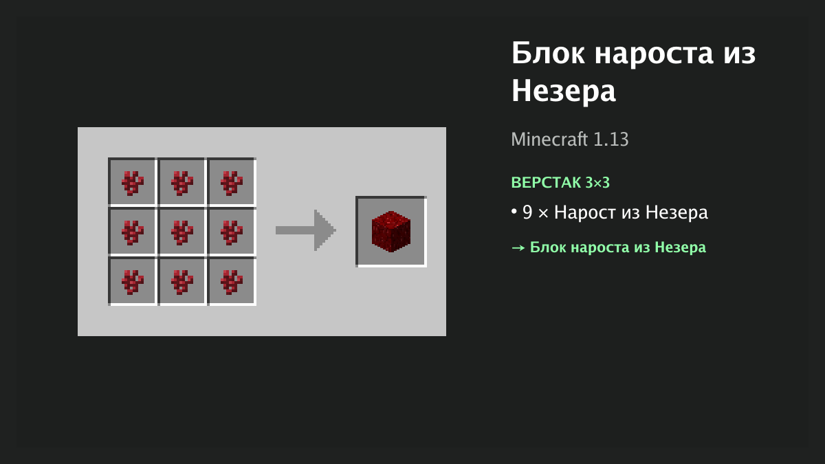 Рецепт: блок нароста из незера в Minecraft — 9 × нарост из незера (верстак 3×3)
