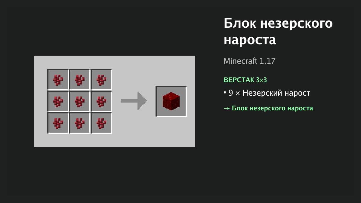 Рецепт: блок незерского нароста в Minecraft — 9 × незерский нарост (верстак 3×3)