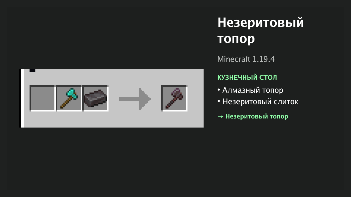 Рецепт: незеритовый топор в Minecraft — алмазный топор, незеритовый слиток (кузнечный стол)