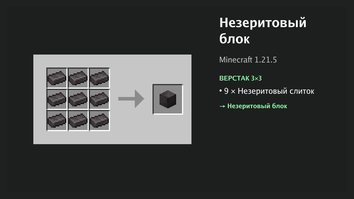 Рецепт: незеритовый блок в Minecraft — 9 × незеритовый слиток (верстак 3×3)