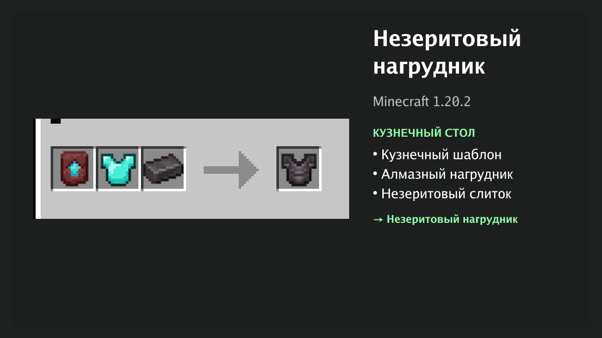 Рецепт: незеритовый нагрудник в Minecraft — кузнечный шаблон, алмазный нагрудник, незеритовый слиток (кузнечный стол)