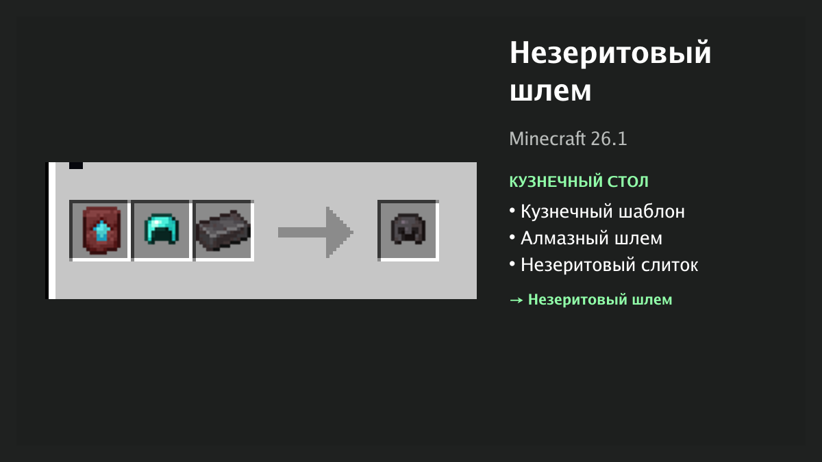 Рецепт: незеритовый шлем в Minecraft — кузнечный шаблон, алмазный шлем, незеритовый слиток (кузнечный стол)