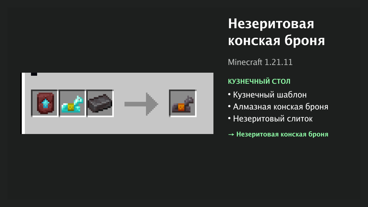 Рецепт: незеритовая конская броня в Minecraft — кузнечный шаблон, алмазная конская броня, незеритовый слиток (кузнечный стол)
