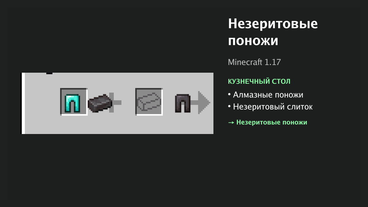 Рецепт: незеритовые поножи в Minecraft — алмазные поножи, незеритовый слиток (кузнечный стол)