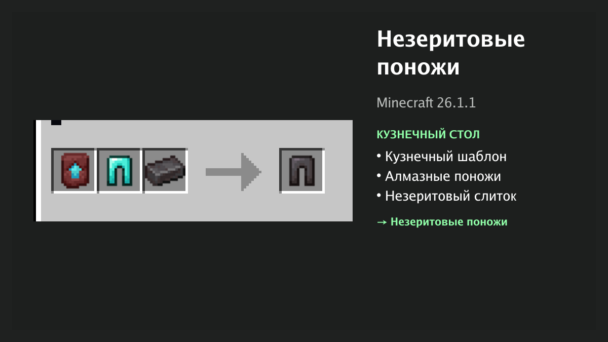 Рецепт: незеритовые поножи в Minecraft — кузнечный шаблон, алмазные поножи, незеритовый слиток (кузнечный стол)