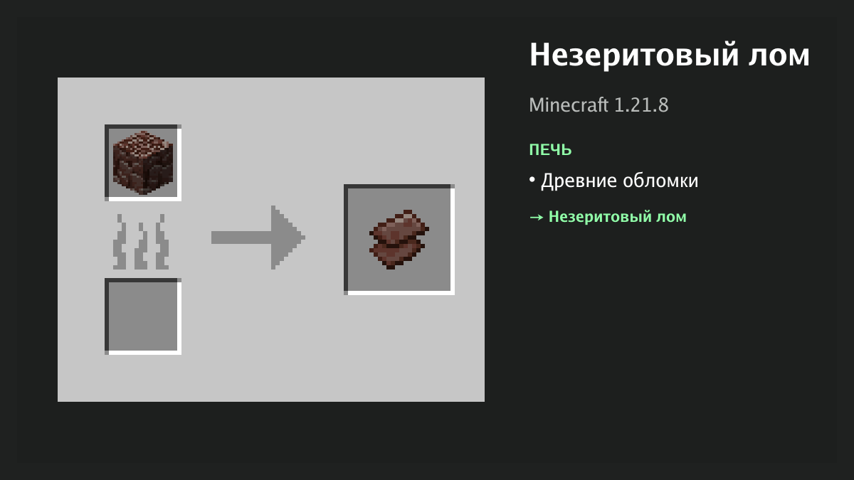 Рецепт: незеритовый лом в Minecraft — древние обломки (печь)