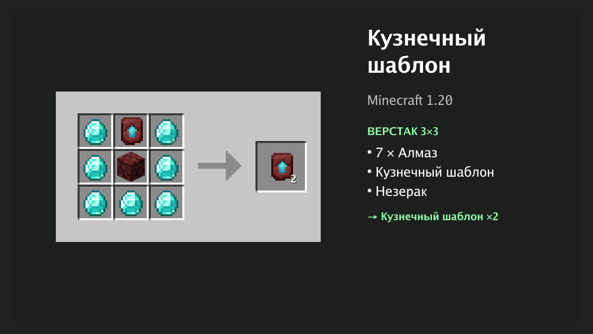 Рецепт: кузнечный шаблон в Minecraft — 7 × алмаз, кузнечный шаблон, незерак (верстак 3×3)