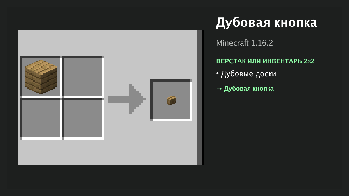 Рецепт: дубовая кнопка в Minecraft — дубовые доски (верстак или инвентарь 2×2)