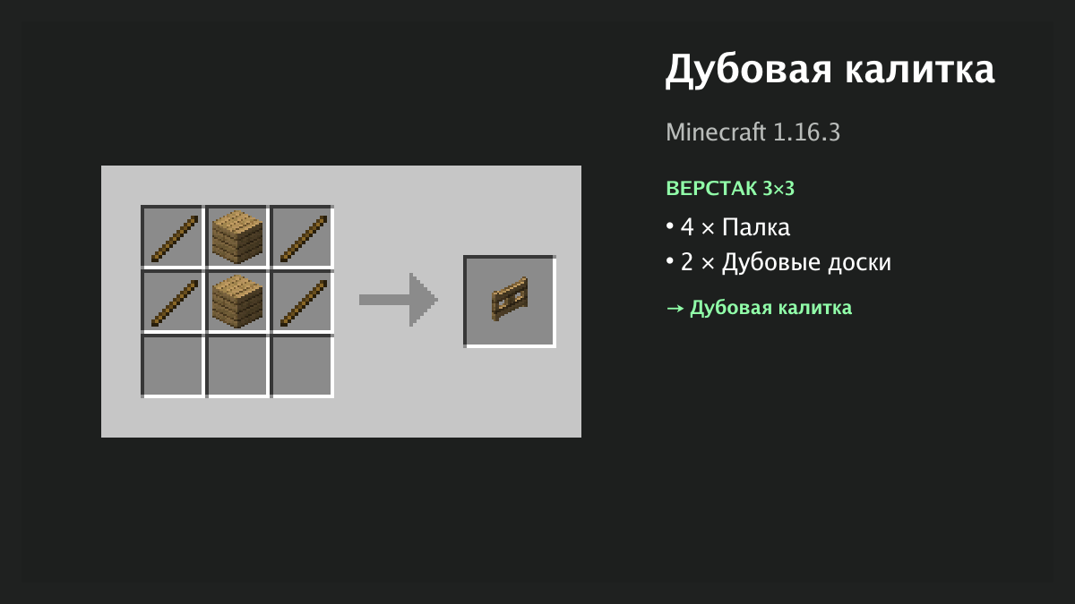 Рецепт: дубовая калитка в Minecraft — 4 × палка, 2 × дубовые доски (верстак 3×3)