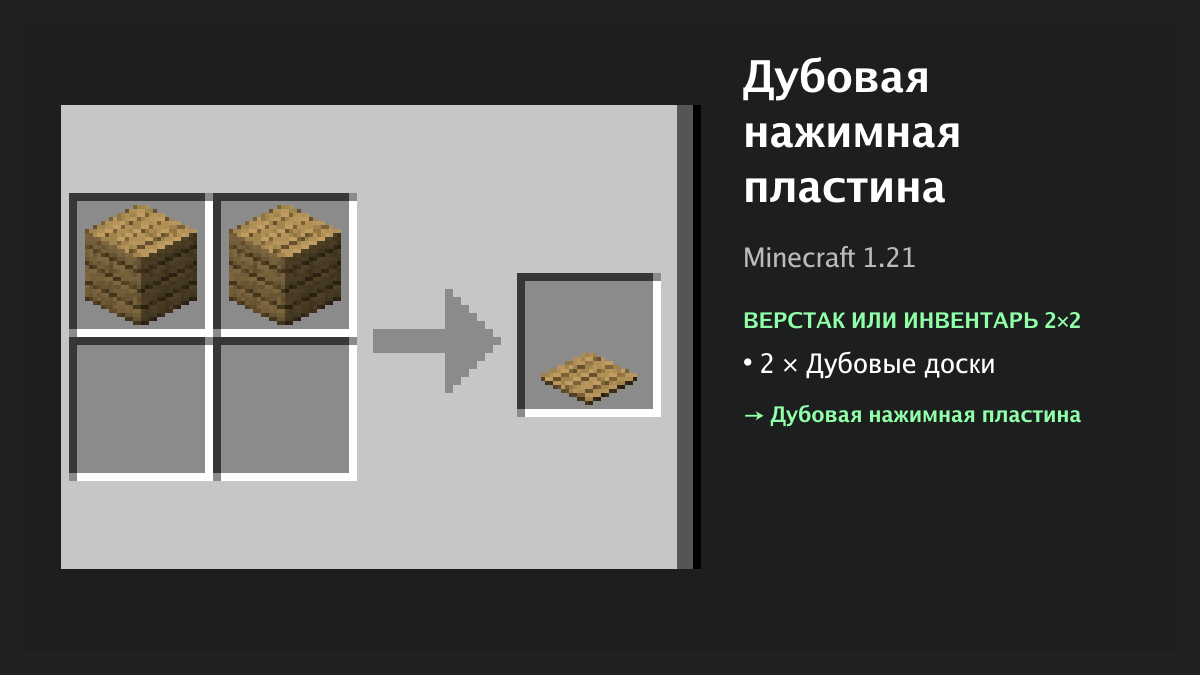 Рецепт: дубовая нажимная пластина в Minecraft — 2 × дубовые доски (верстак или инвентарь 2×2)