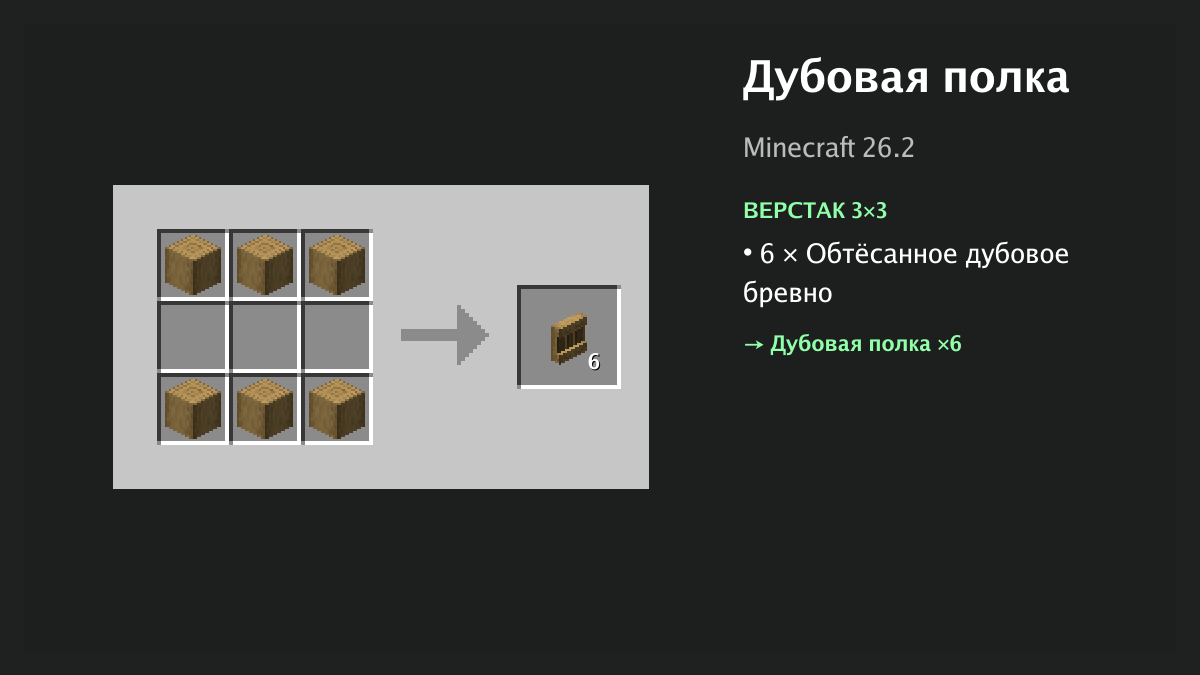Рецепт: дубовая полка в Minecraft — 6 × обтёсанное дубовое бревно (верстак 3×3)