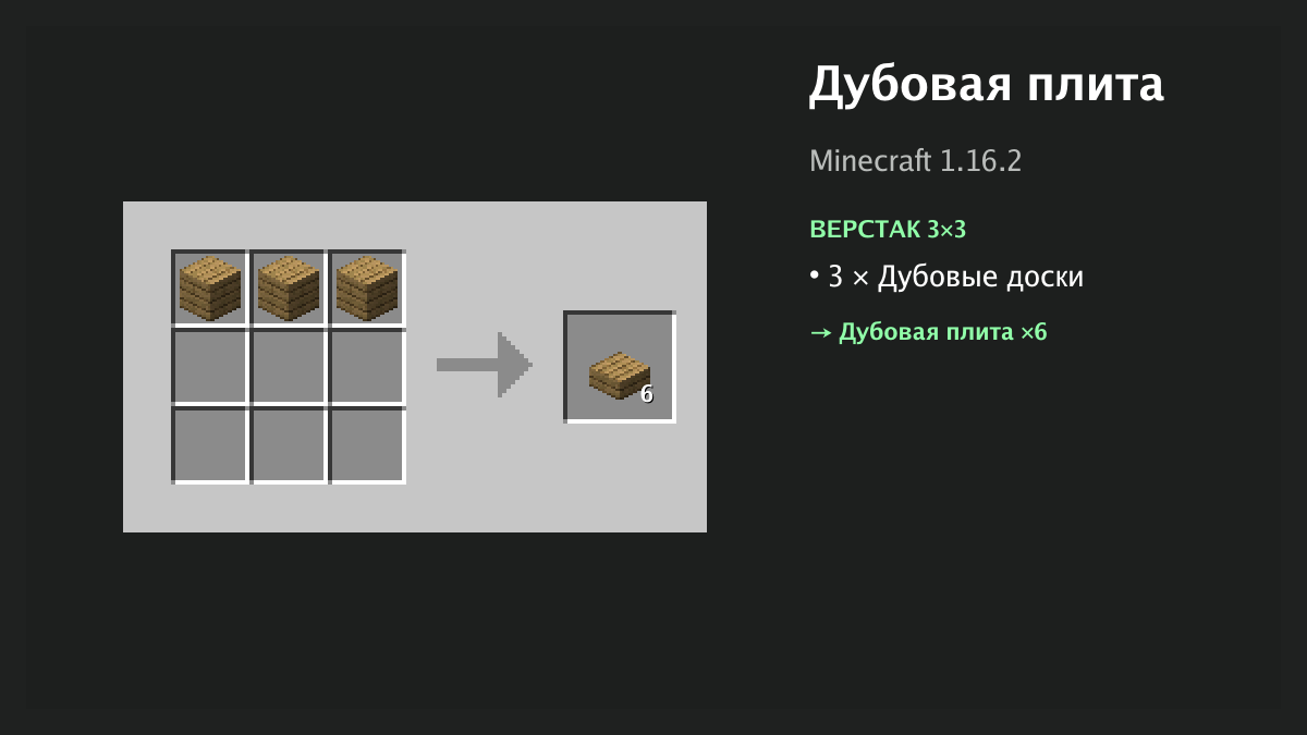 Рецепт: дубовая плита в Minecraft — 3 × дубовые доски (верстак 3×3)