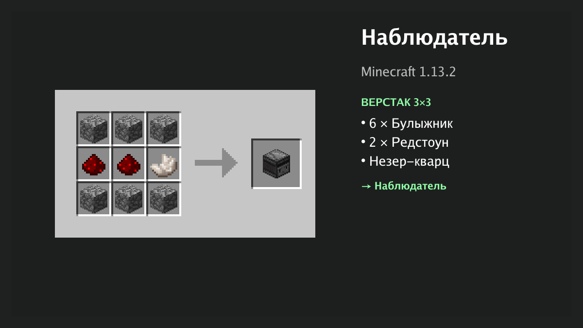 Рецепт: наблюдатель в Minecraft — 6 × булыжник, 2 × редстоун, незер-кварц (верстак 3×3)
