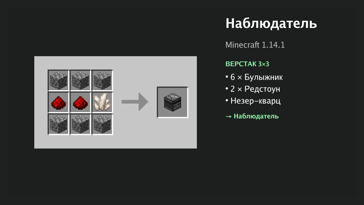 Рецепт: наблюдатель в Minecraft — 6 × булыжник, 2 × редстоун, незер-кварц (верстак 3×3)