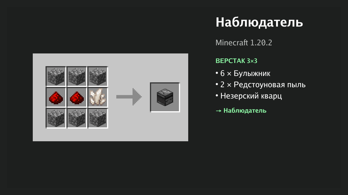 Рецепт: наблюдатель в Minecraft — 6 × булыжник, 2 × редстоуновая пыль, незерский кварц (верстак 3×3)