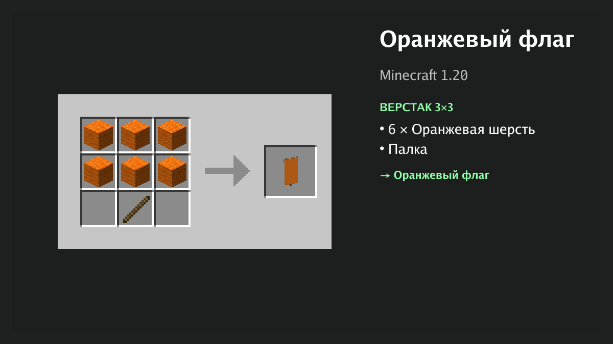 Рецепт: оранжевый флаг в Minecraft — 6 × оранжевая шерсть, палка (верстак 3×3)