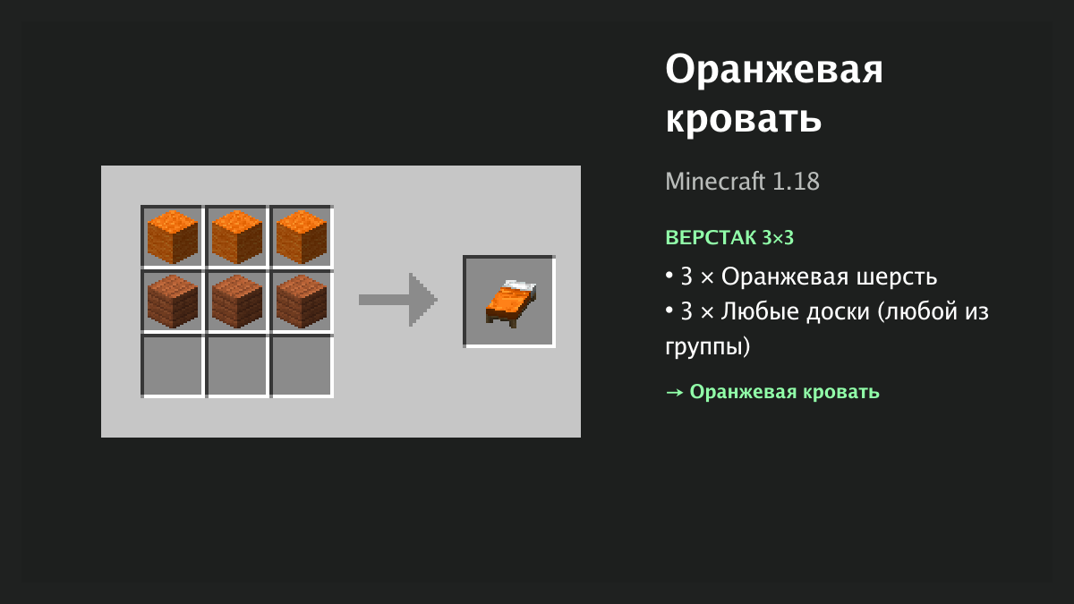 Рецепт: оранжевая кровать в Minecraft — 3 × оранжевая шерсть, 3 × любые доски (верстак 3×3)