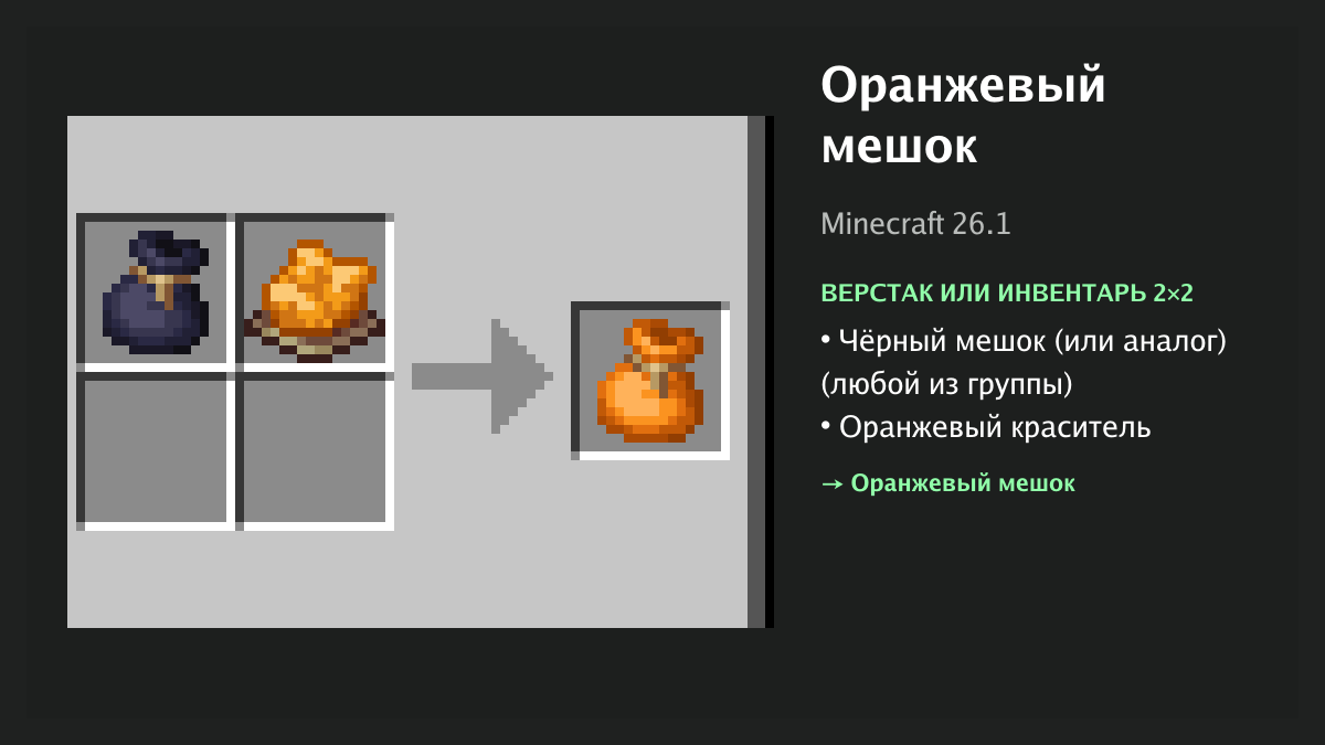 Рецепт: оранжевый мешок в Minecraft — чёрный мешок (или аналог), оранжевый краситель (верстак или инвентарь 2×2)