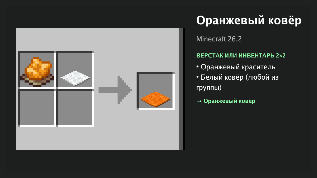 Рецепт: оранжевый ковёр в Minecraft — оранжевый краситель, белый ковёр (верстак или инвентарь 2×2)