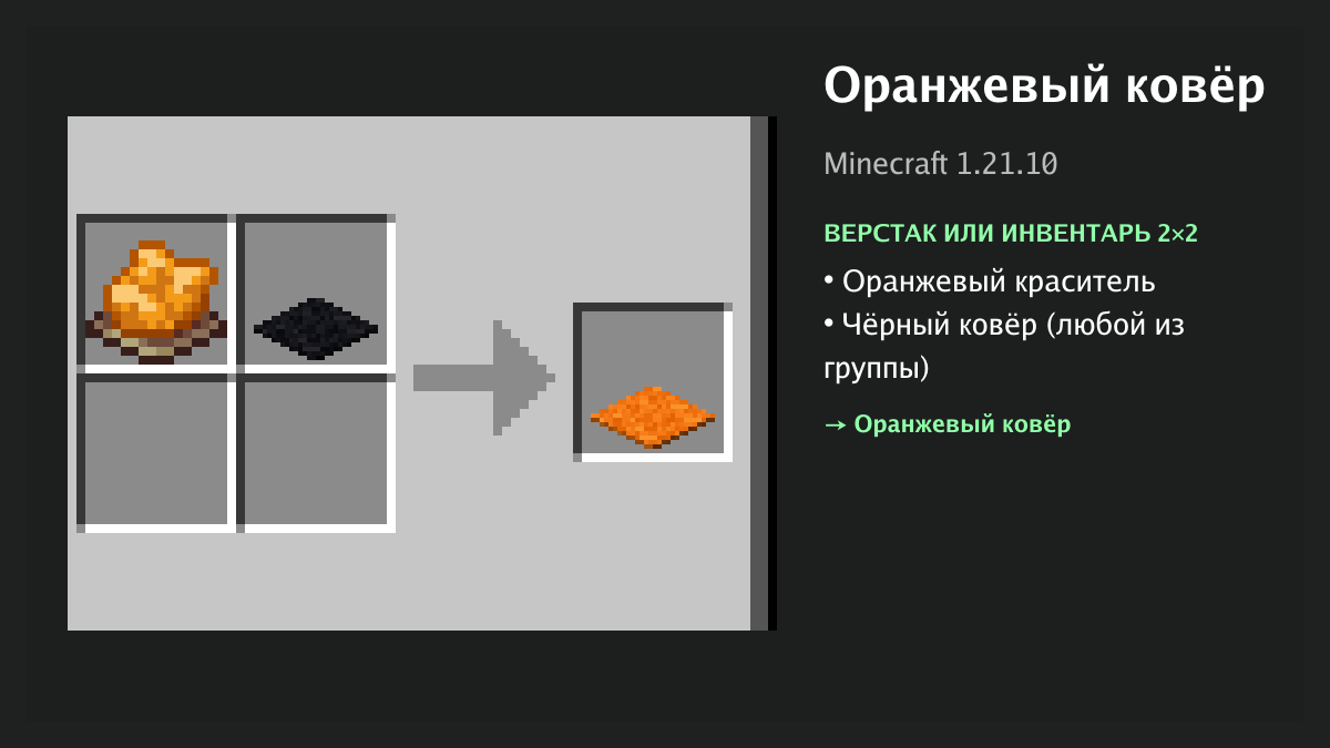 Рецепт: оранжевый ковёр в Minecraft — оранжевый краситель, чёрный ковёр (верстак или инвентарь 2×2)
