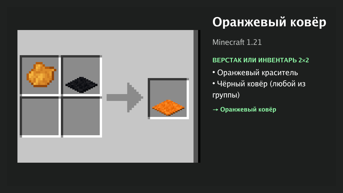 Рецепт: оранжевый ковёр в Minecraft — оранжевый краситель, чёрный ковёр (верстак или инвентарь 2×2)