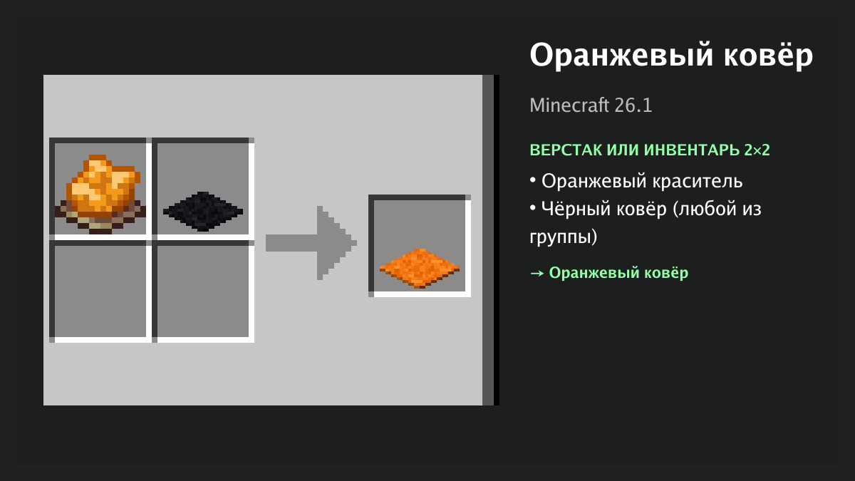 Рецепт: оранжевый ковёр в Minecraft — оранжевый краситель, чёрный ковёр (верстак или инвентарь 2×2)
