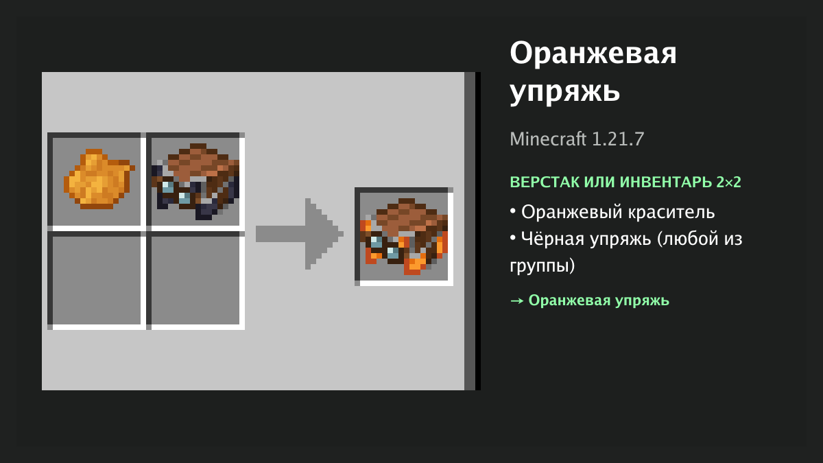 Рецепт: оранжевая упряжь в Minecraft — оранжевый краситель, чёрная упряжь (верстак или инвентарь 2×2)