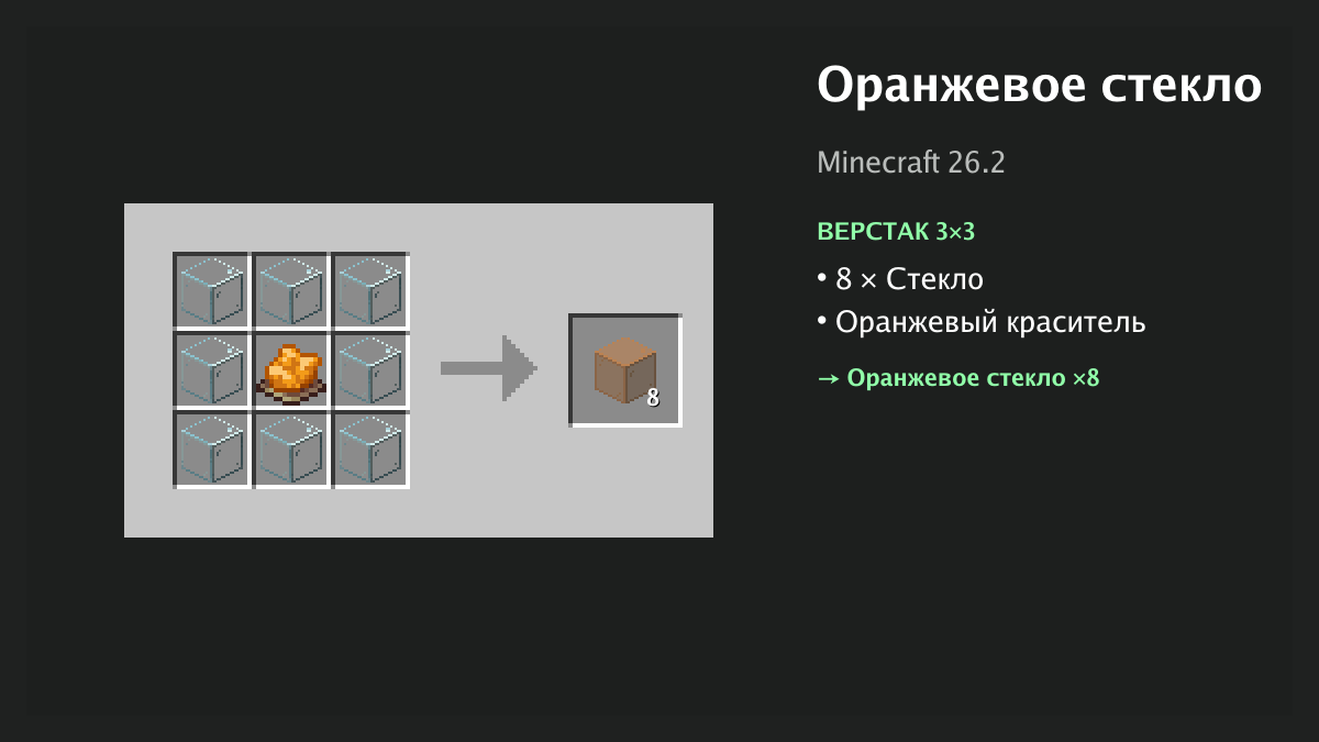 Рецепт: оранжевое стекло в Minecraft — 8 × стекло, оранжевый краситель (верстак 3×3)