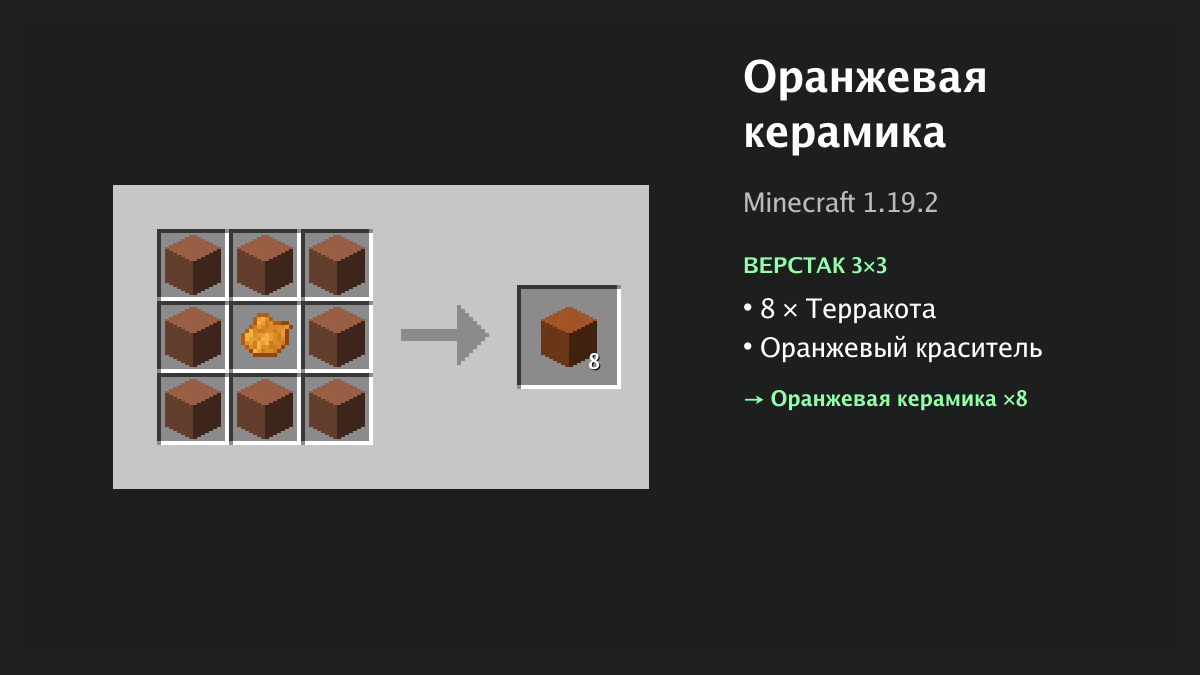 Рецепт: оранжевая керамика в Minecraft — 8 × терракота, оранжевый краситель (верстак 3×3)