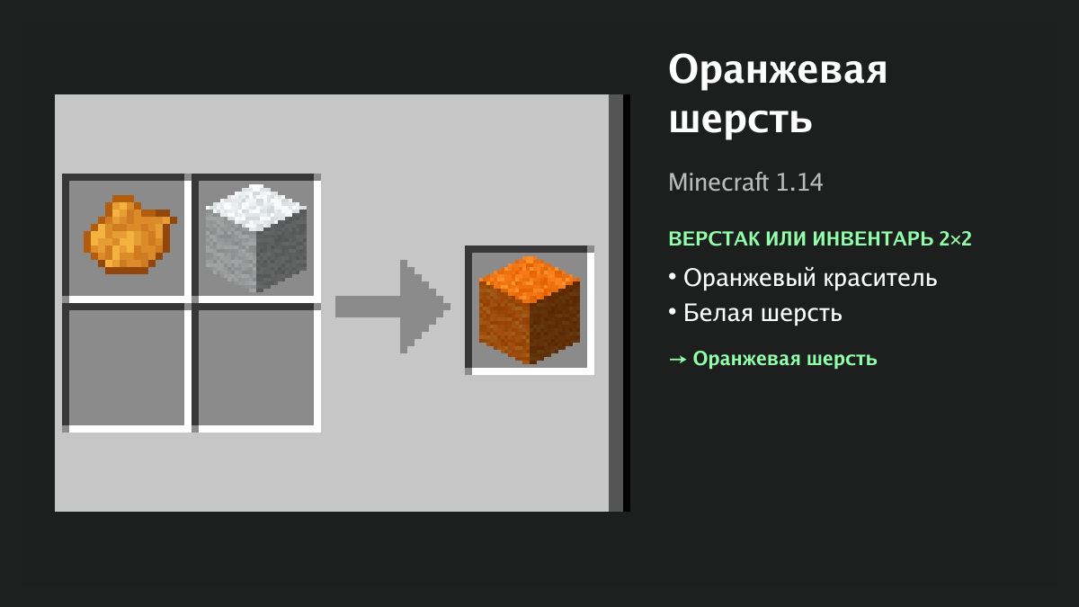 Рецепт: оранжевая шерсть в Minecraft — оранжевый краситель, белая шерсть (верстак или инвентарь 2×2)