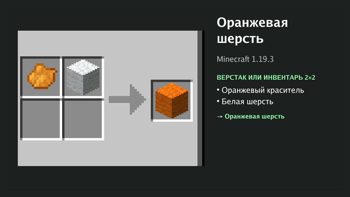 Рецепт: оранжевая шерсть в Minecraft — оранжевый краситель, белая шерсть (верстак или инвентарь 2×2)