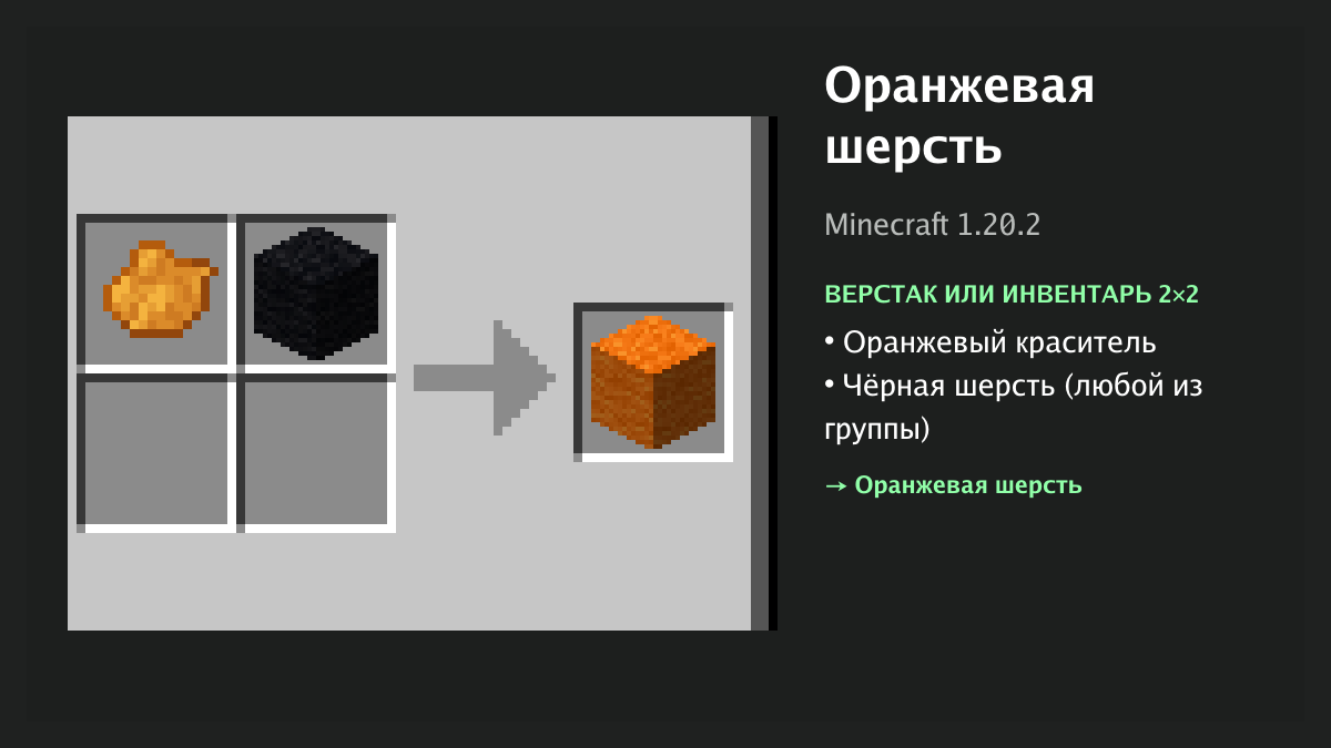 Рецепт: оранжевая шерсть в Minecraft — оранжевый краситель, чёрная шерсть (верстак или инвентарь 2×2)