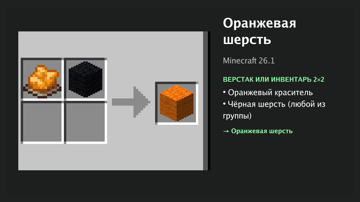 Рецепт: оранжевая шерсть в Minecraft — оранжевый краситель, чёрная шерсть (верстак или инвентарь 2×2)