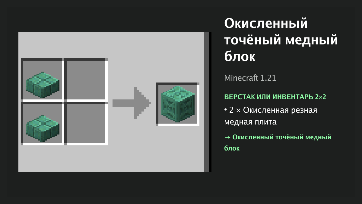 Рецепт: окисленный точёный медный блок в Minecraft — 2 × окисленная резная медная плита (верстак или инвентарь 2×2)