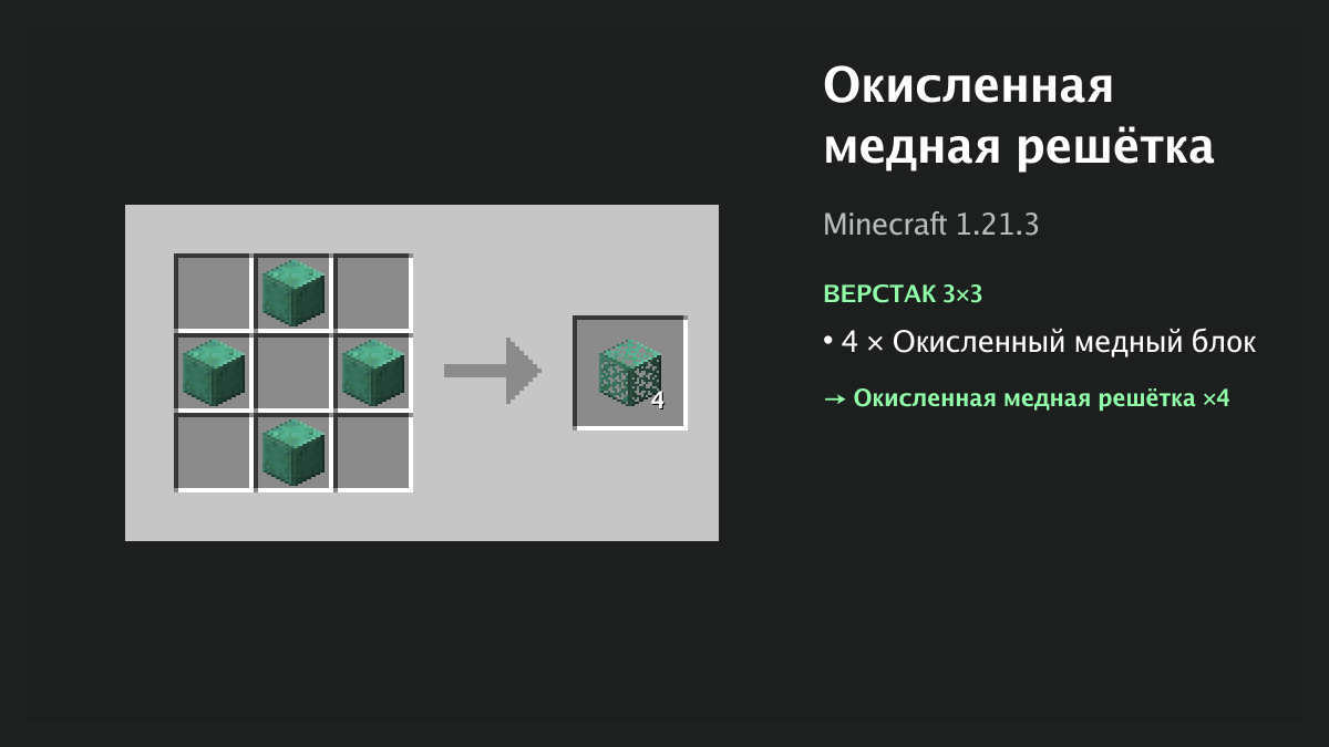 Рецепт: окисленная медная решётка в Minecraft — 4 × окисленный медный блок (верстак 3×3)