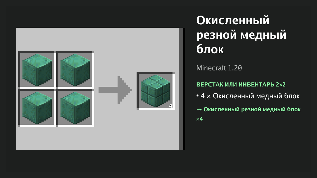 Рецепт: окисленный резной медный блок в Minecraft — 4 × окисленный медный блок (верстак или инвентарь 2×2)