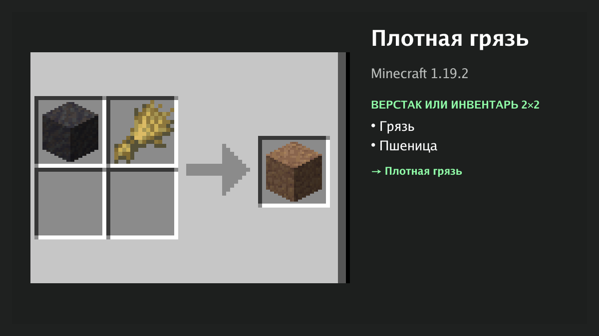 Рецепт: плотная грязь в Minecraft — грязь, пшеница (верстак или инвентарь 2×2)