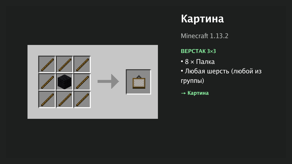 Рецепт: картина в Minecraft — 8 × палка, любая шерсть (верстак 3×3)