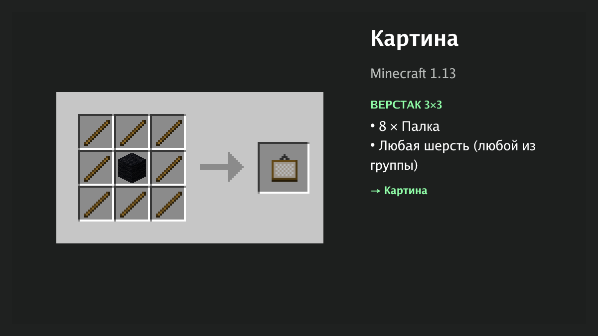 Рецепт: картина в Minecraft — 8 × палка, любая шерсть (верстак 3×3)