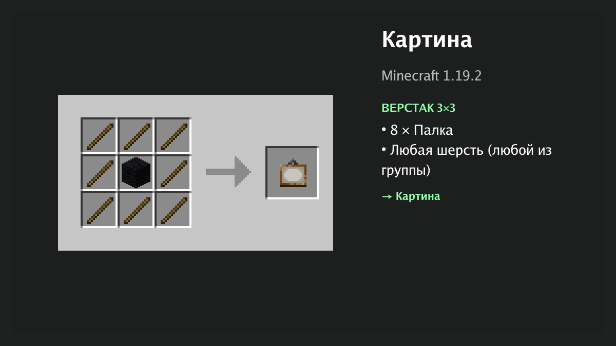 Рецепт: картина в Minecraft — 8 × палка, любая шерсть (верстак 3×3)